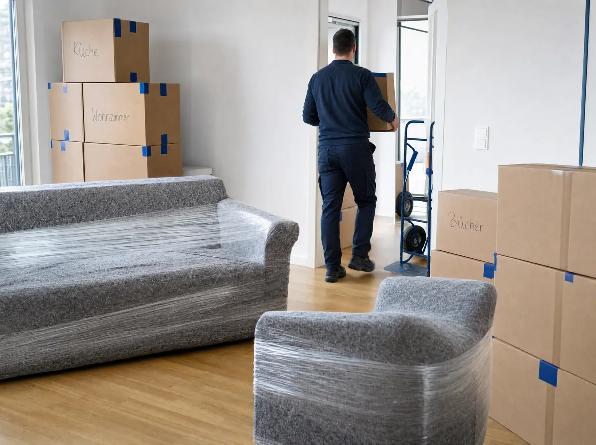 Verpackte Möbel und beschriftete Umzugskartons in einer Wohnung, ein Umzugshelfer trägt einen Karton zur Tür